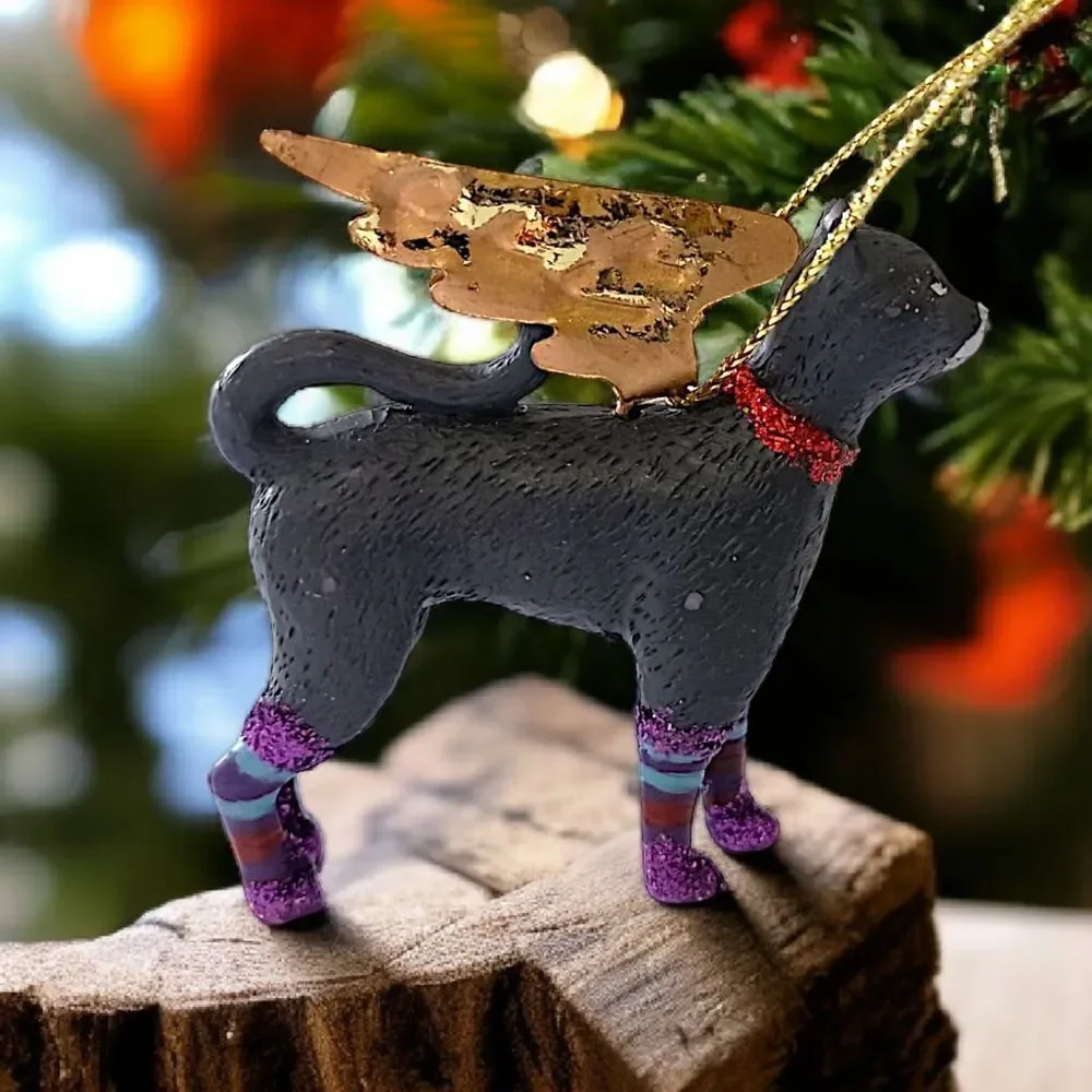 Vtg Black Cat Angel Ornament Gold Wings Purple Glitter Legs Christmas‎ Halloween